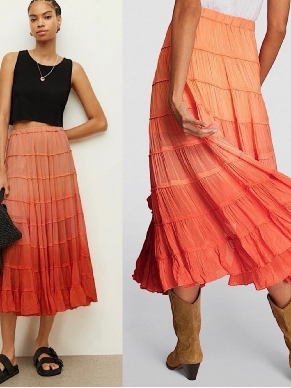 AllSaints Coral to Peach Ombre Tiered Midi Skirt